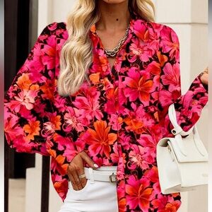Red Tropical Palm Beach Floral Blouse